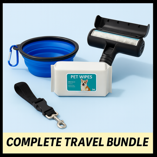 Ultimate Pet Travel Bundle – Save 25% on All Pet Essentials, Seat Belt, Pet Wipes, Hari Remover, Collapsible Bowl